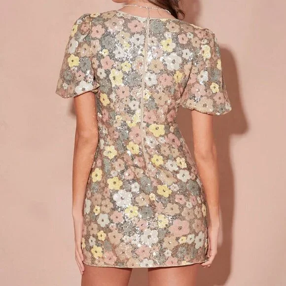 Champagne Gold Romantic Women's Sequin V-Neck Puff Sleeves Mini Dress - Picture 8 of 8